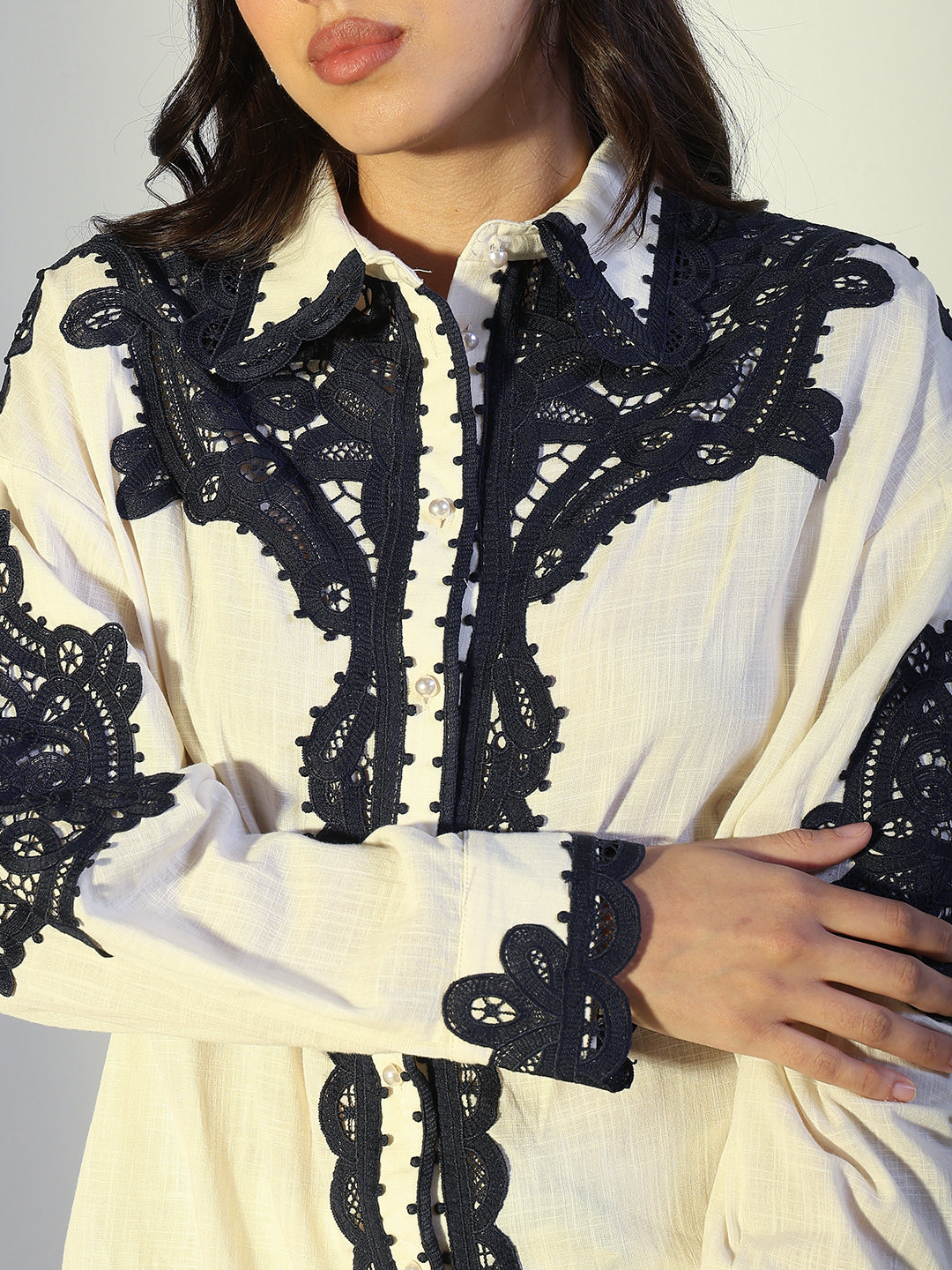 Women's Cutwork Lace Off-White Shirt & Trousers Co-Ord Set