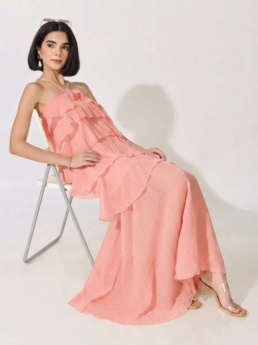 Women's Pink Halter Neck Maxi Dress with Spaghetti Straps and Layered Ruffles - from SHOWOFFFF