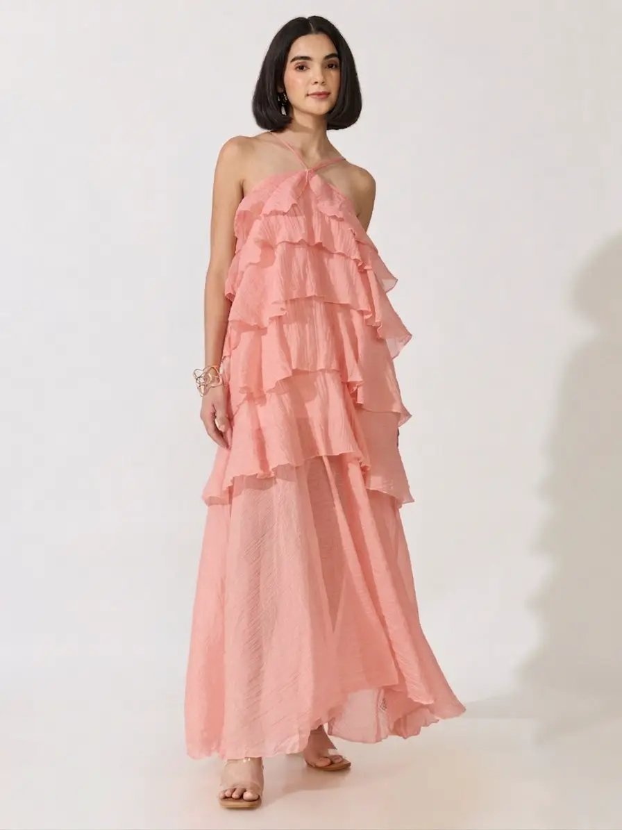 Women's Pink Halter Neck Maxi Dress with Spaghetti Straps and Layered Ruffles - from SHOWOFFFF