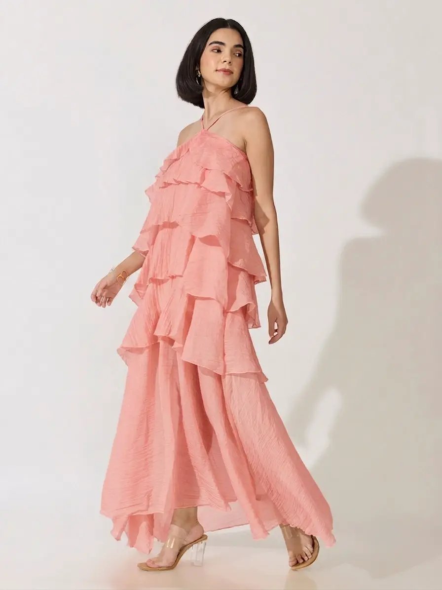 Women's Pink Halter Neck Maxi Dress with Spaghetti Straps and Layered Ruffles - from SHOWOFFFF