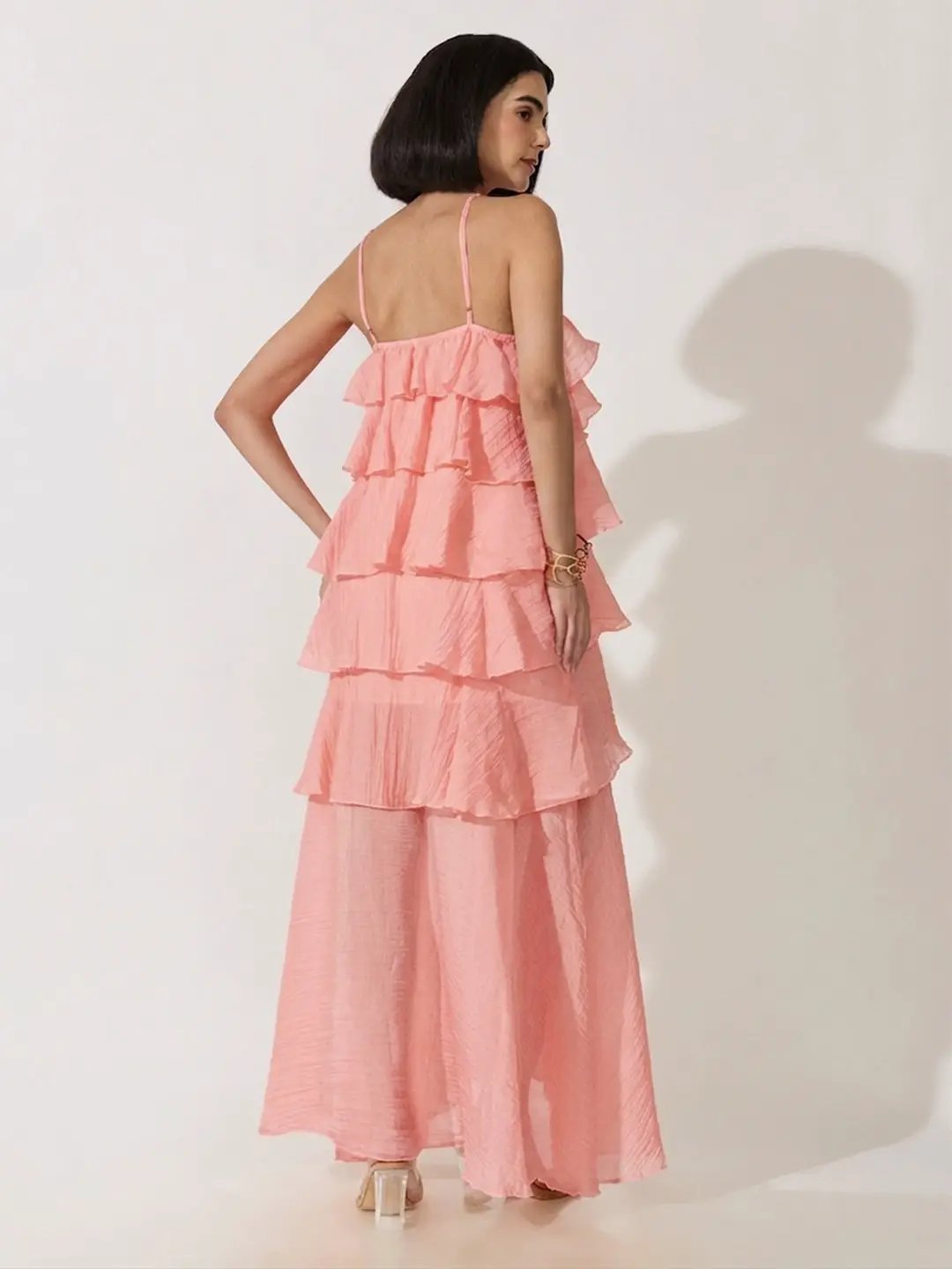 Women's Pink Halter Neck Maxi Dress with Spaghetti Straps and Layered Ruffles - from SHOWOFFFF