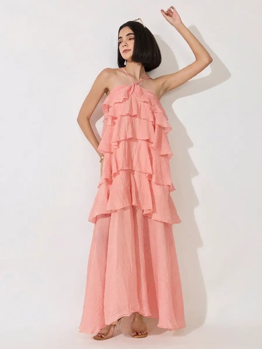 Women's Pink Halter Neck Maxi Dress with Spaghetti Straps and Layered Ruffles - from SHOWOFFFF