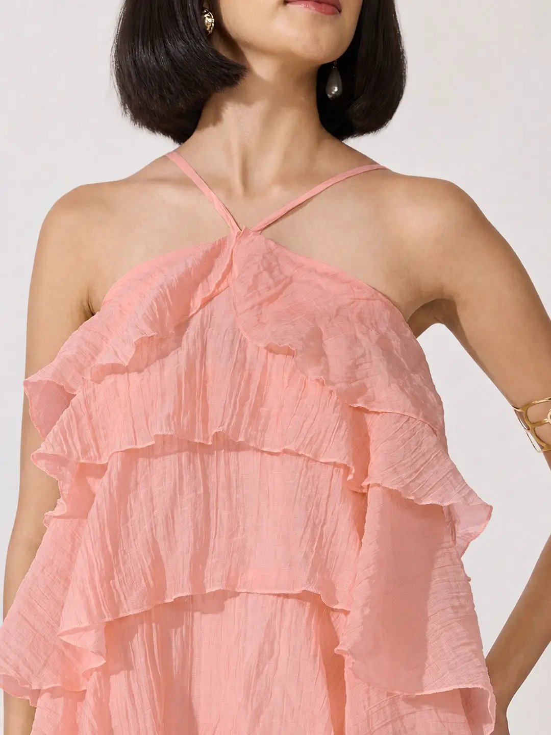 Women's Pink Halter Neck Maxi Dress with Spaghetti Straps and Layered Ruffles - from SHOWOFFFF