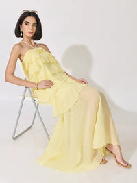 Women's Yellow Halter Neck Maxi Dress with Spaghetti Straps and Layered Ruffles