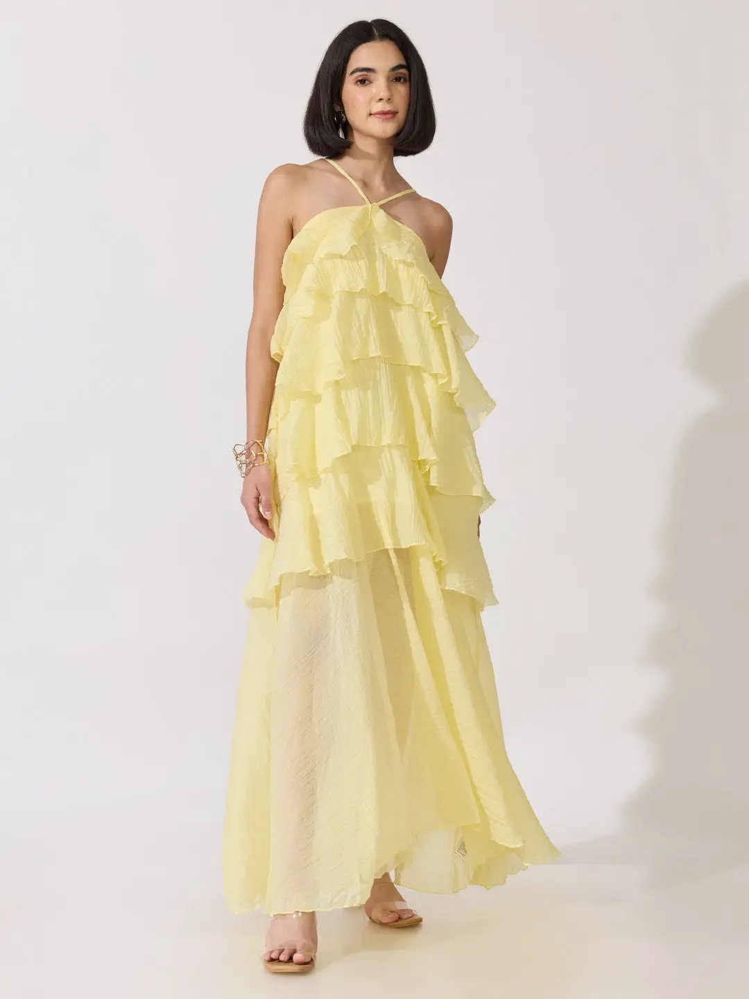 Women's Yellow Halter Neck Maxi Dress with Spaghetti Straps and Layered Ruffles