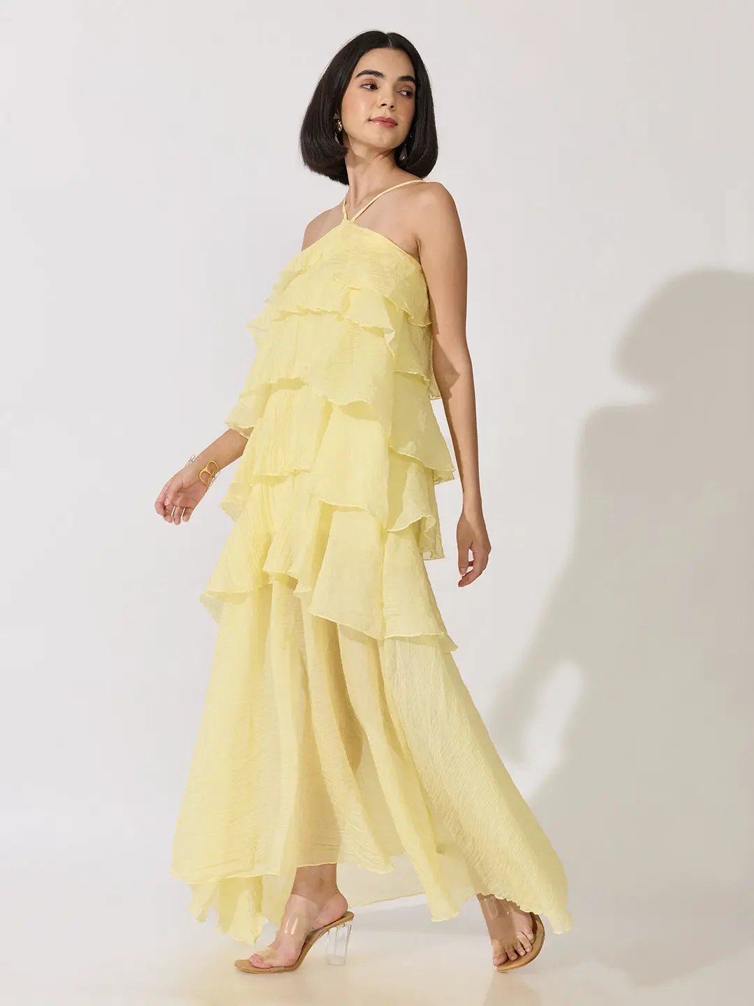 Women's Yellow Halter Neck Maxi Dress with Spaghetti Straps and Layered Ruffles