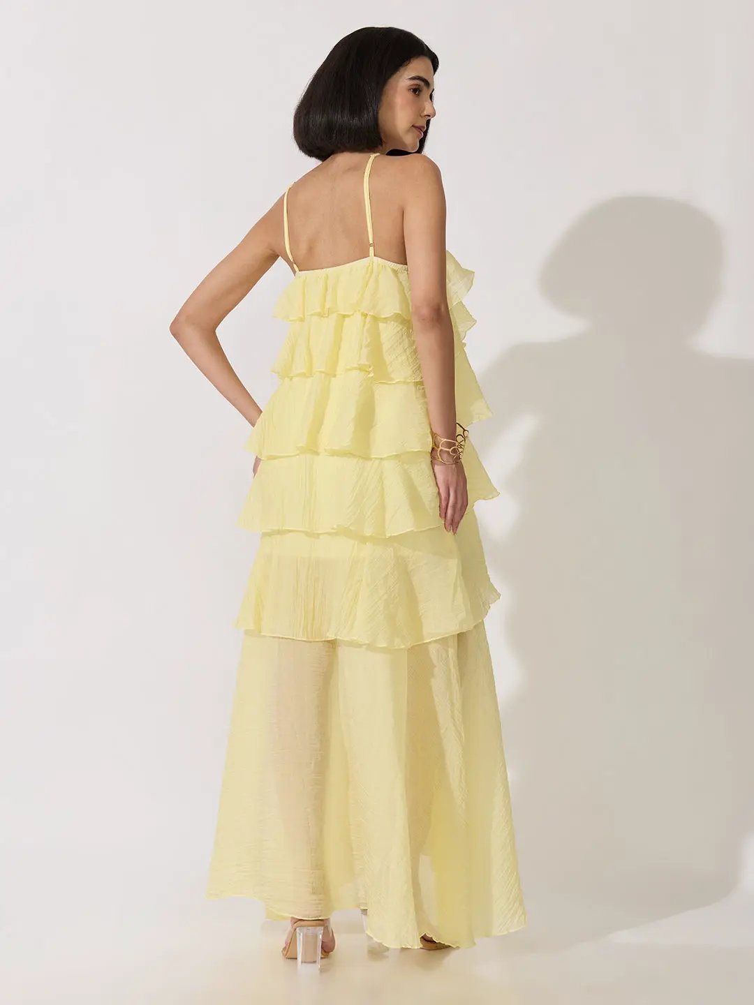 Women's Yellow Halter Neck Maxi Dress with Spaghetti Straps and Layered Ruffles