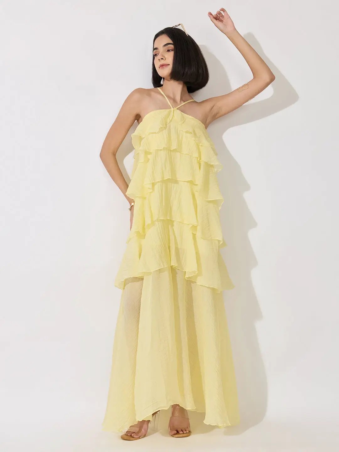 Women's Yellow Halter Neck Maxi Dress with Spaghetti Straps and Layered Ruffles