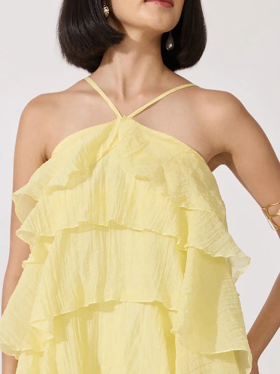 Women's Yellow Halter Neck Maxi Dress with Spaghetti Straps and Layered Ruffles
