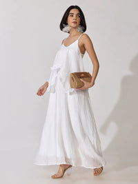 Women's White Shoulder Strap Layered Maxi Dress