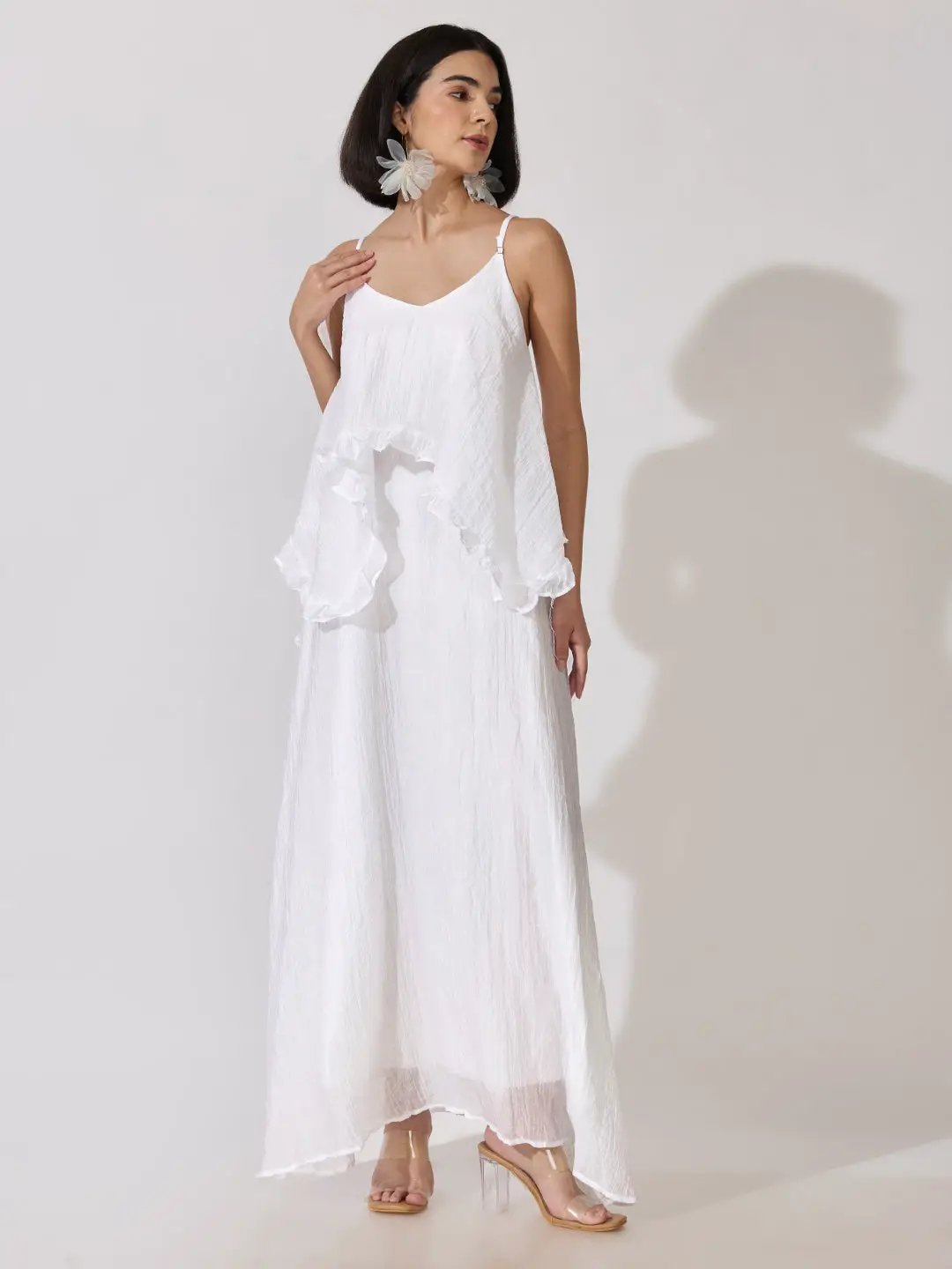 Women's White Shoulder Strap Layered Maxi Dress