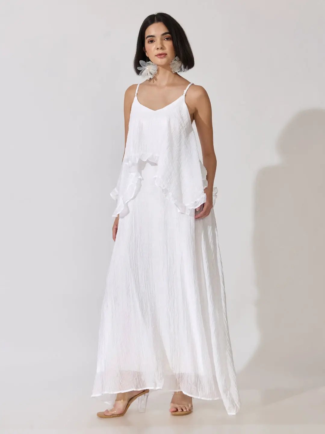 Women's White Shoulder Strap Layered Maxi Dress