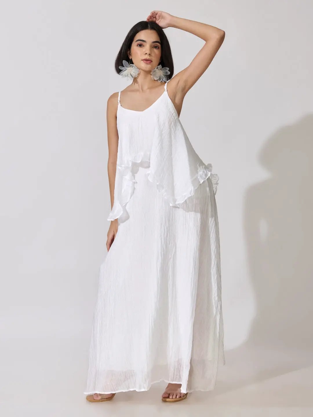 Women's White Shoulder Strap Layered Maxi Dress
