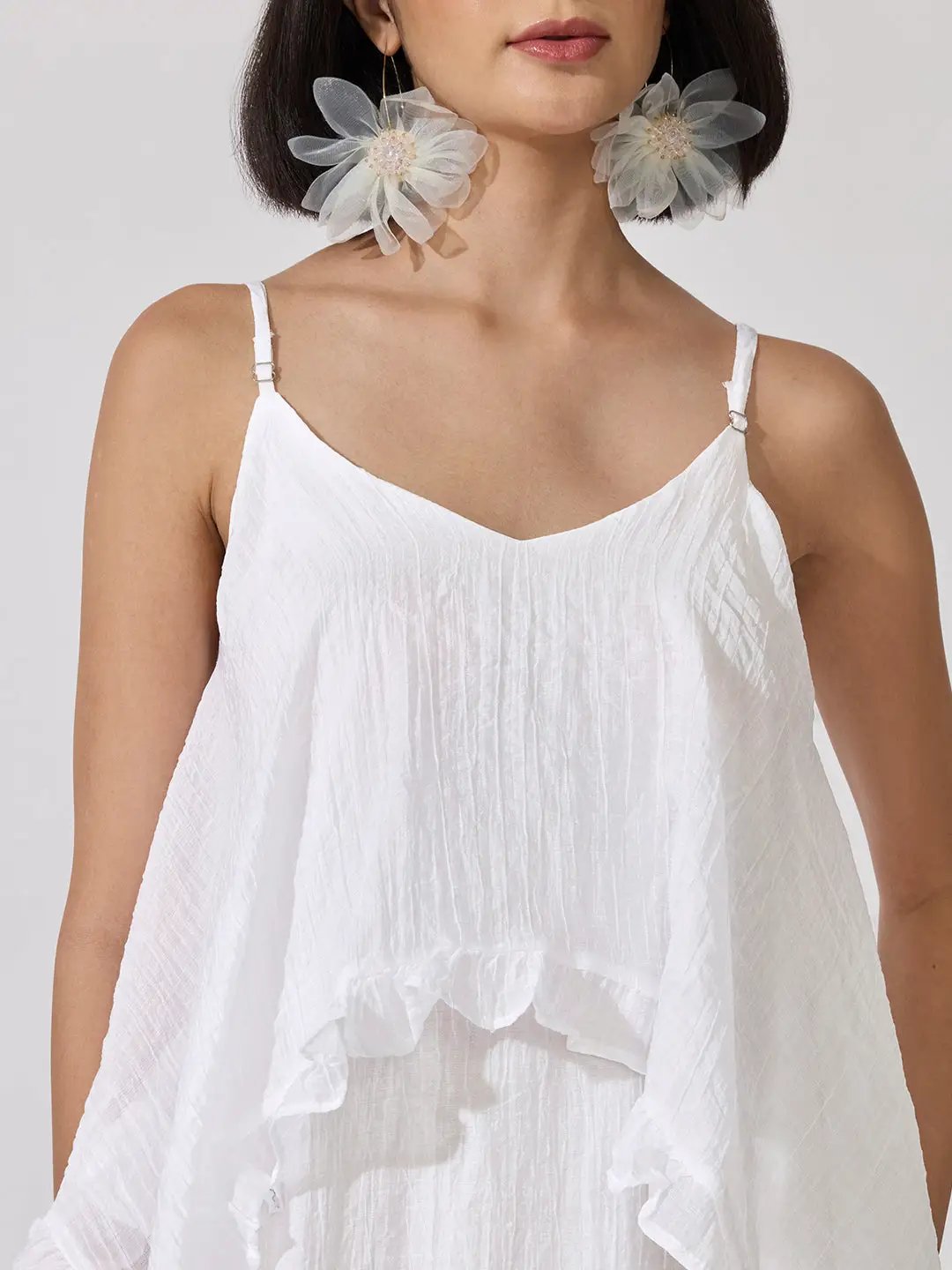Women's White Shoulder Strap Layered Maxi Dress