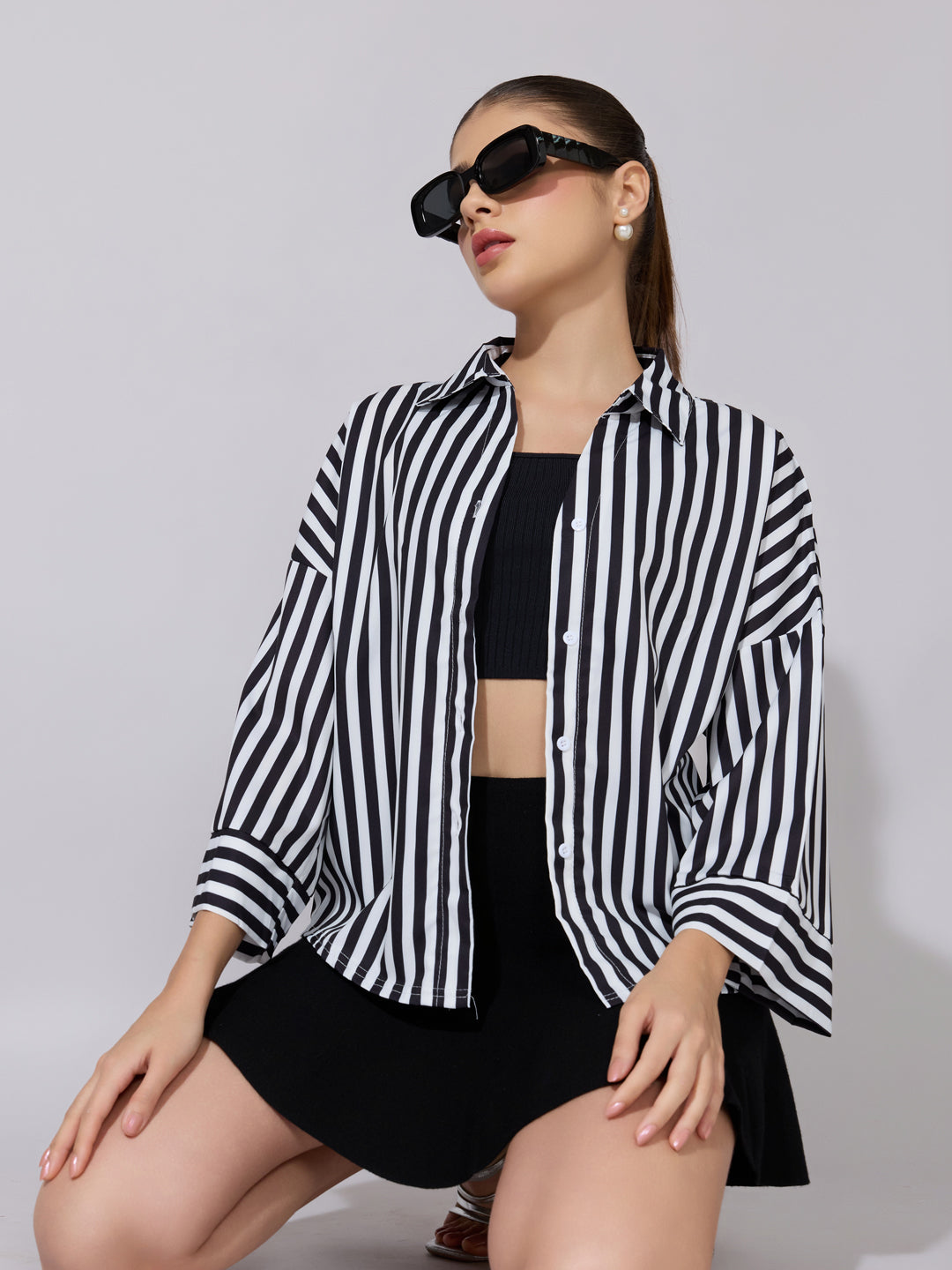 Women's Striped Black Drop Down Sleeve Shirt