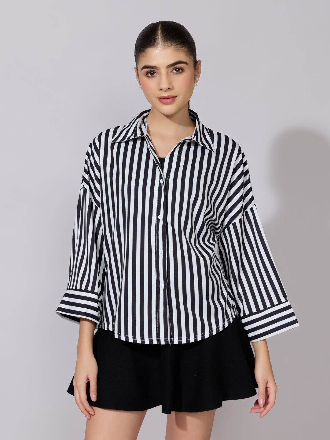 Women's Striped Black Drop Down Sleeve Shirt