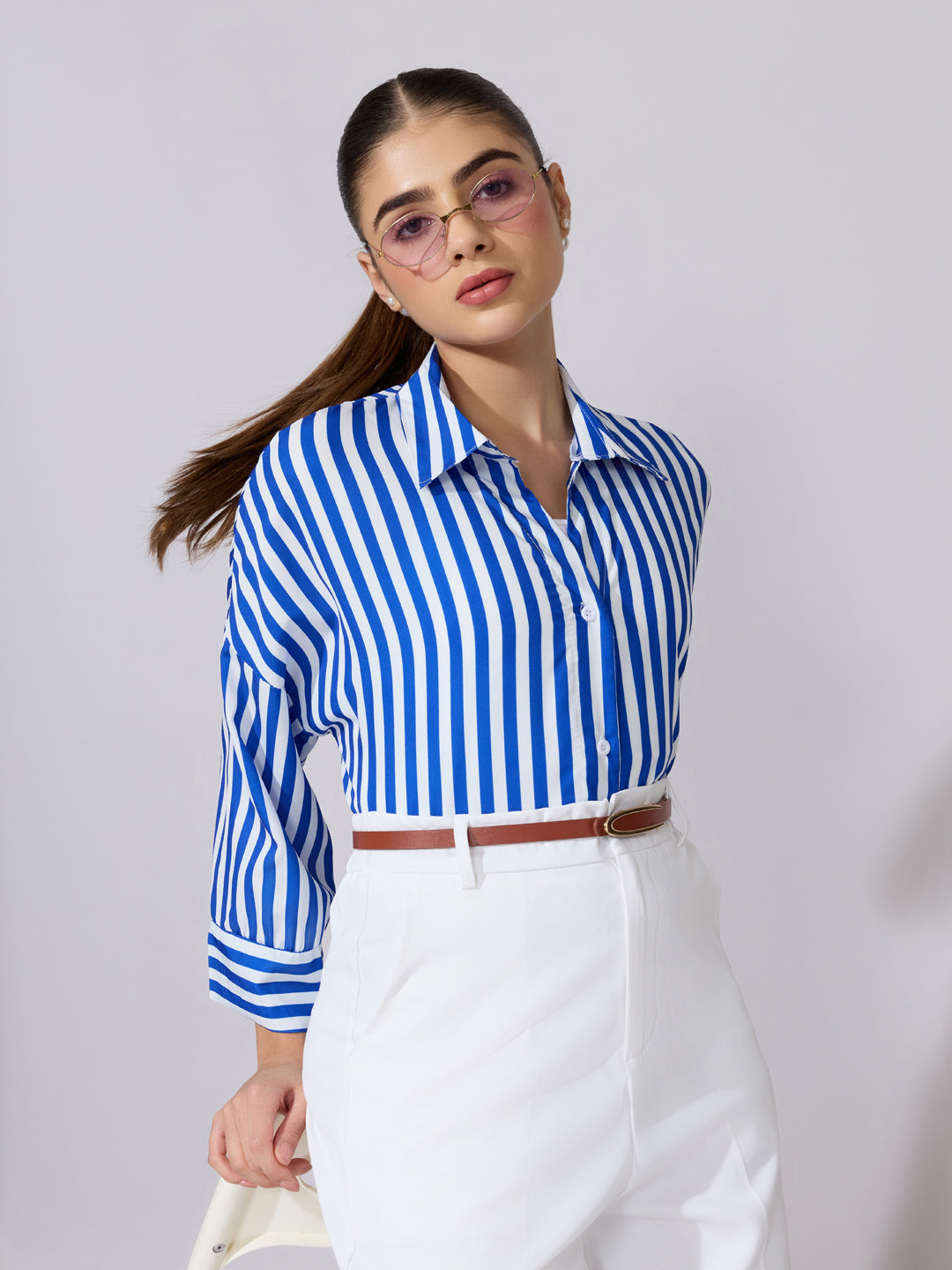Women's Striped Blue Drop Down Sleeve Shirt