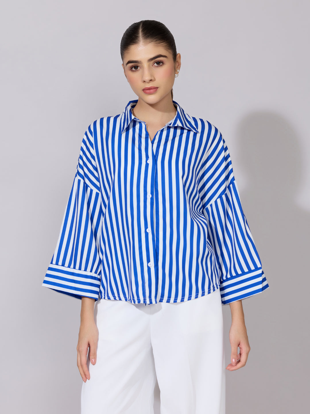 Women's Striped Blue Drop Down Sleeve Shirt