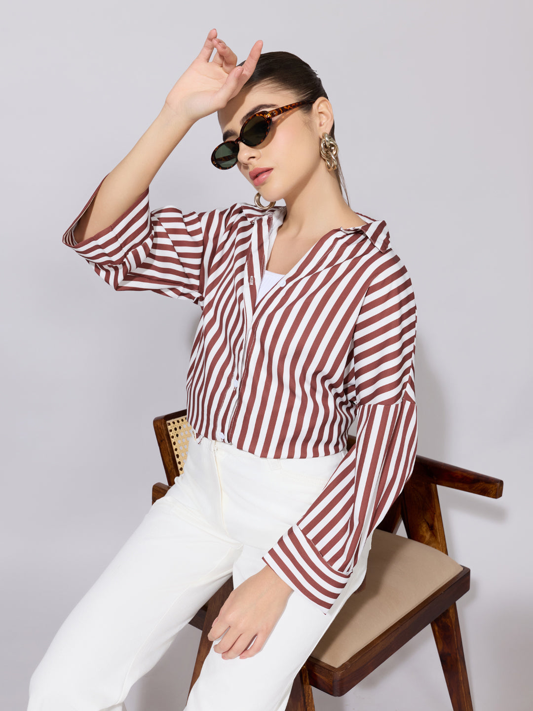 Women's Striped Brown Drop Down Sleeve Shirt