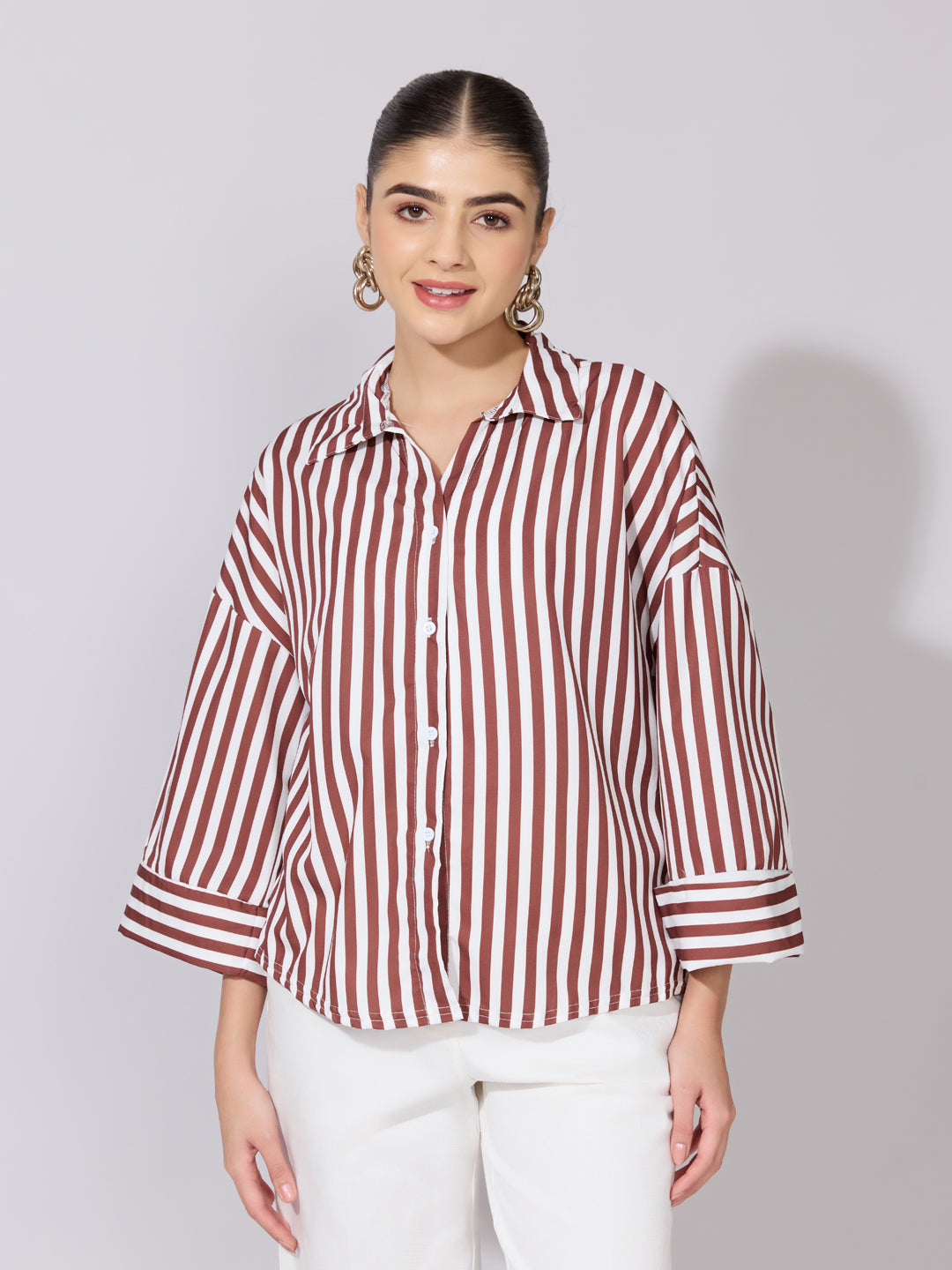 Women's Striped Brown Drop Down Sleeve Shirt