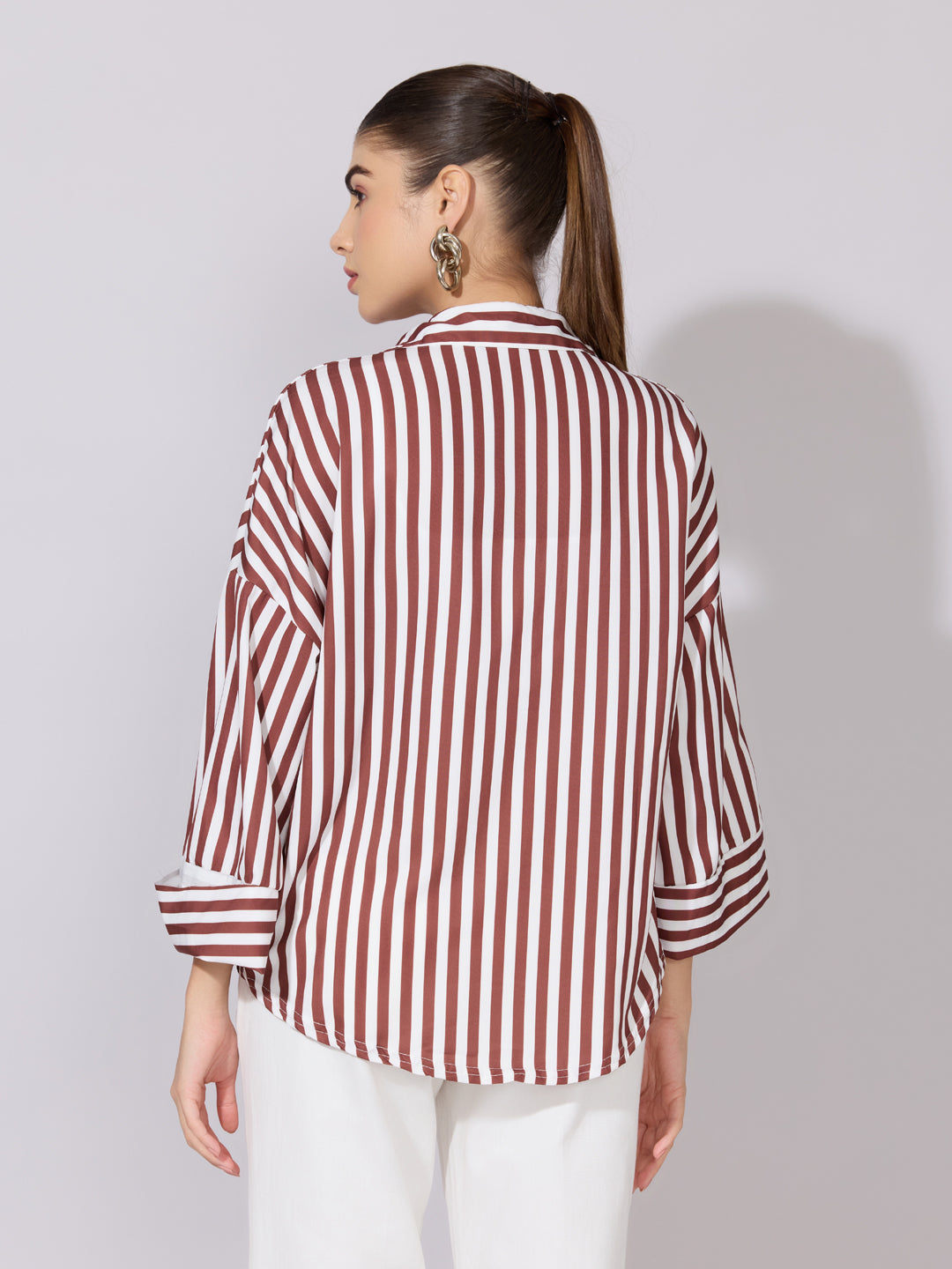 Women's Striped Brown Drop Down Sleeve Shirt