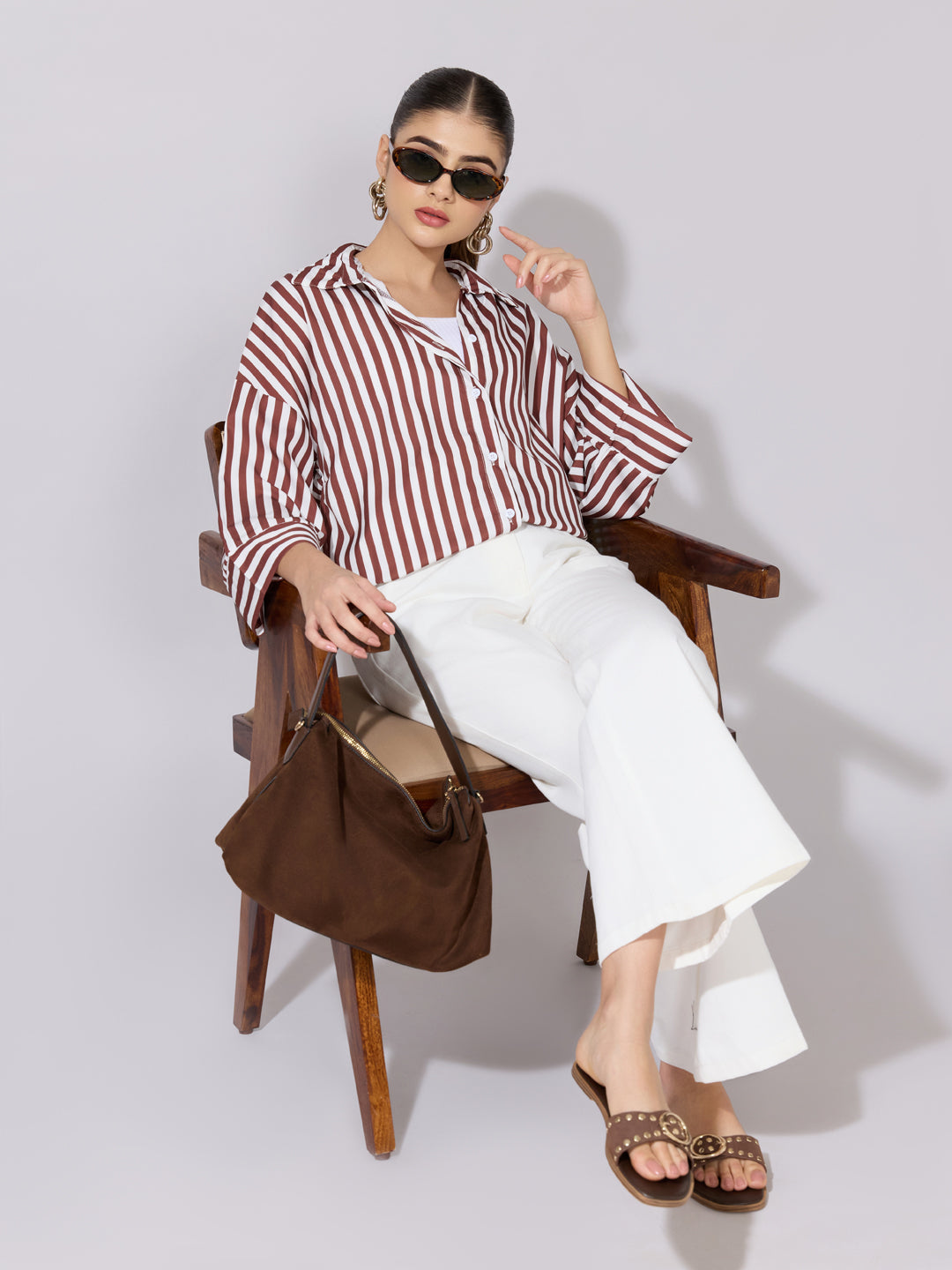 Women's Striped Brown Drop Down Sleeve Shirt