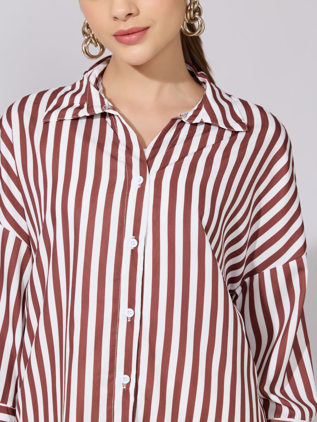 Women's Striped Brown Drop Down Sleeve Shirt