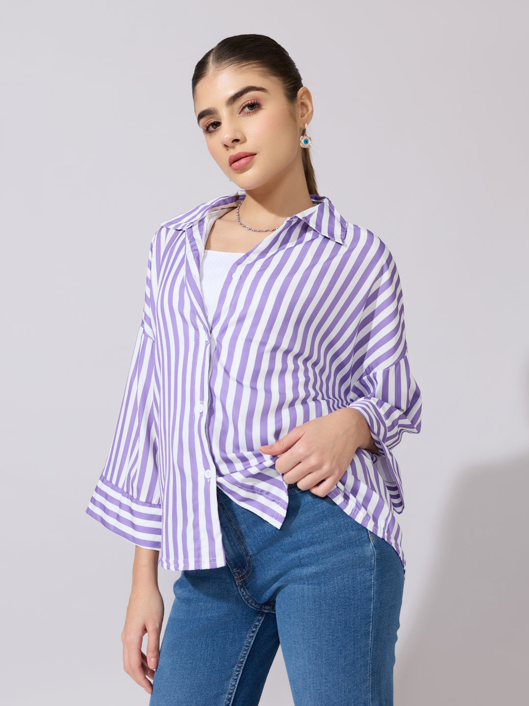 Women's Striped Purple Drop Down Sleeve Shirt