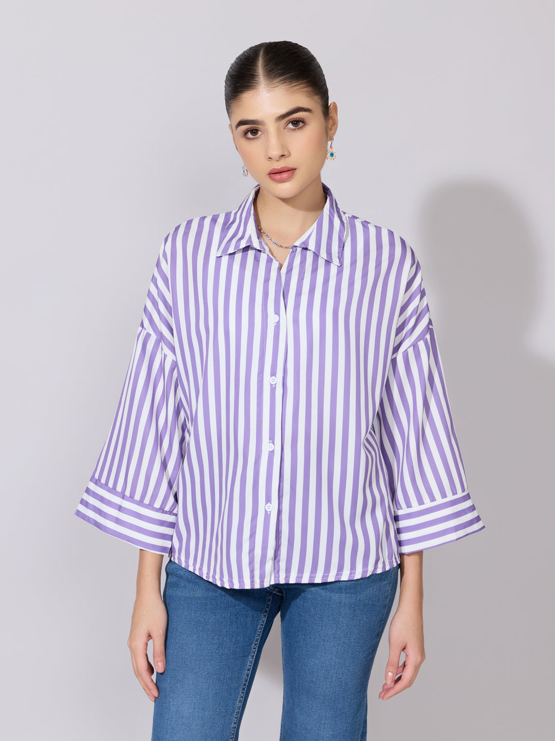 Women's Striped Purple Drop Down Sleeve Shirt