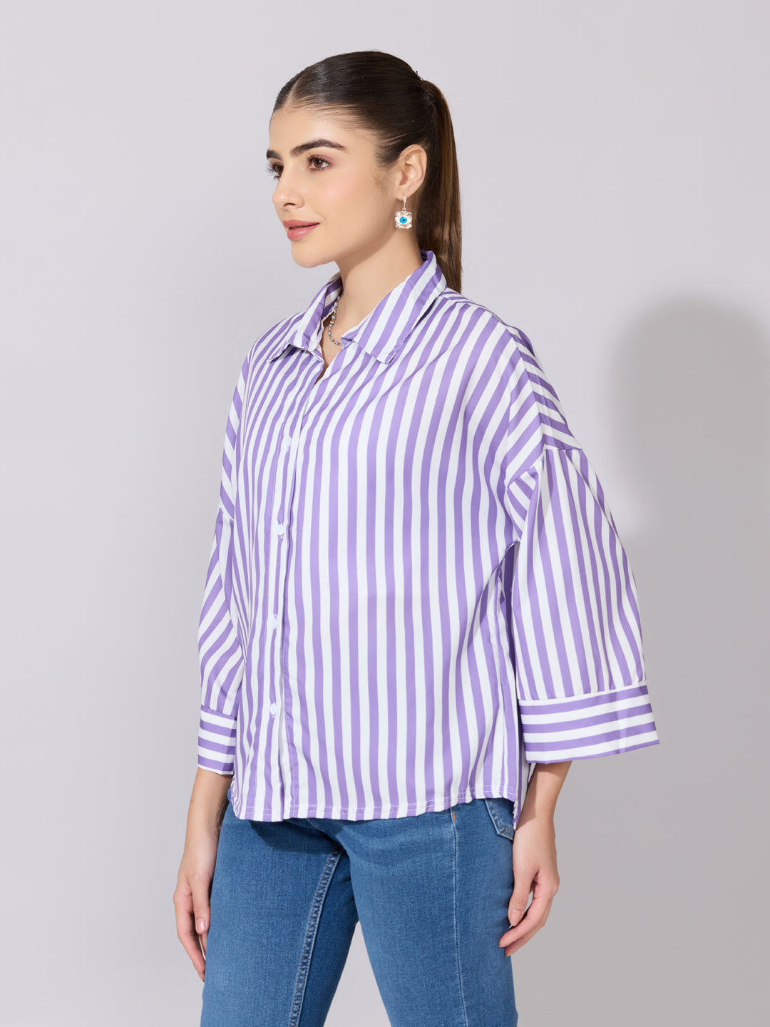 Women's Striped Purple Drop Down Sleeve Shirt