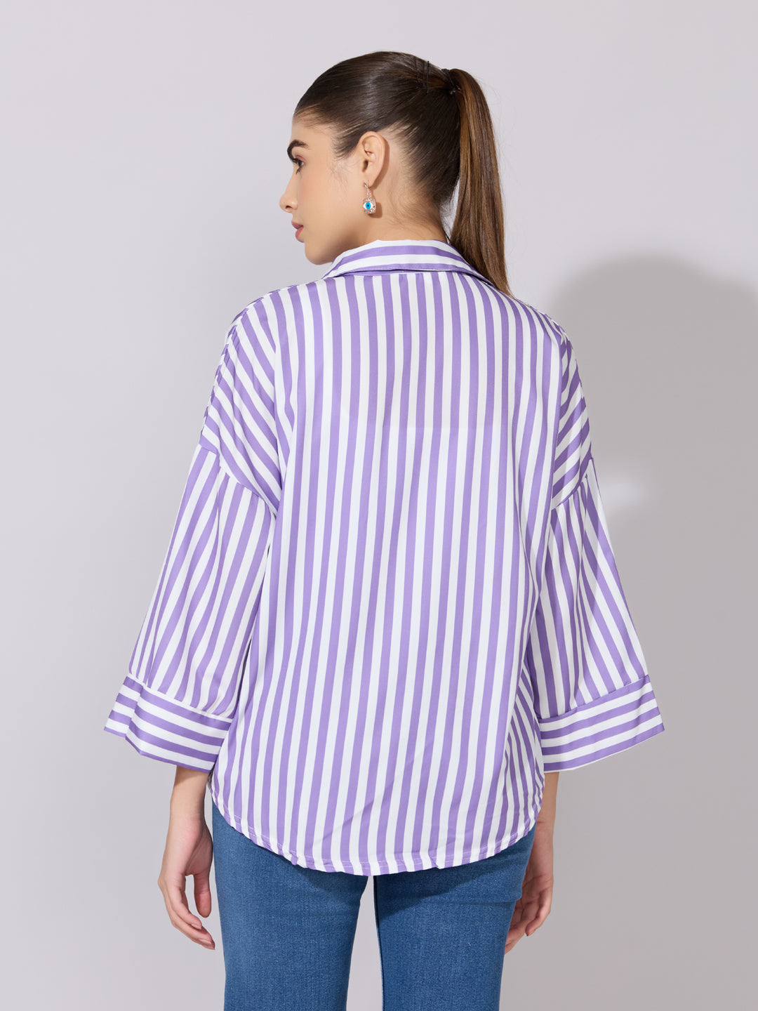 Women's Striped Purple Drop Down Sleeve Shirt