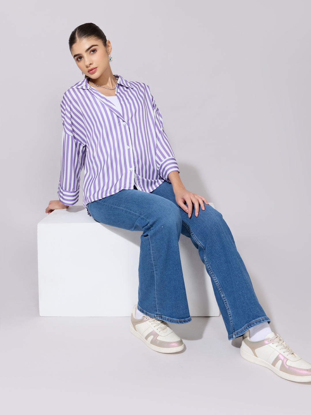Women's Striped Purple Drop Down Sleeve Shirt