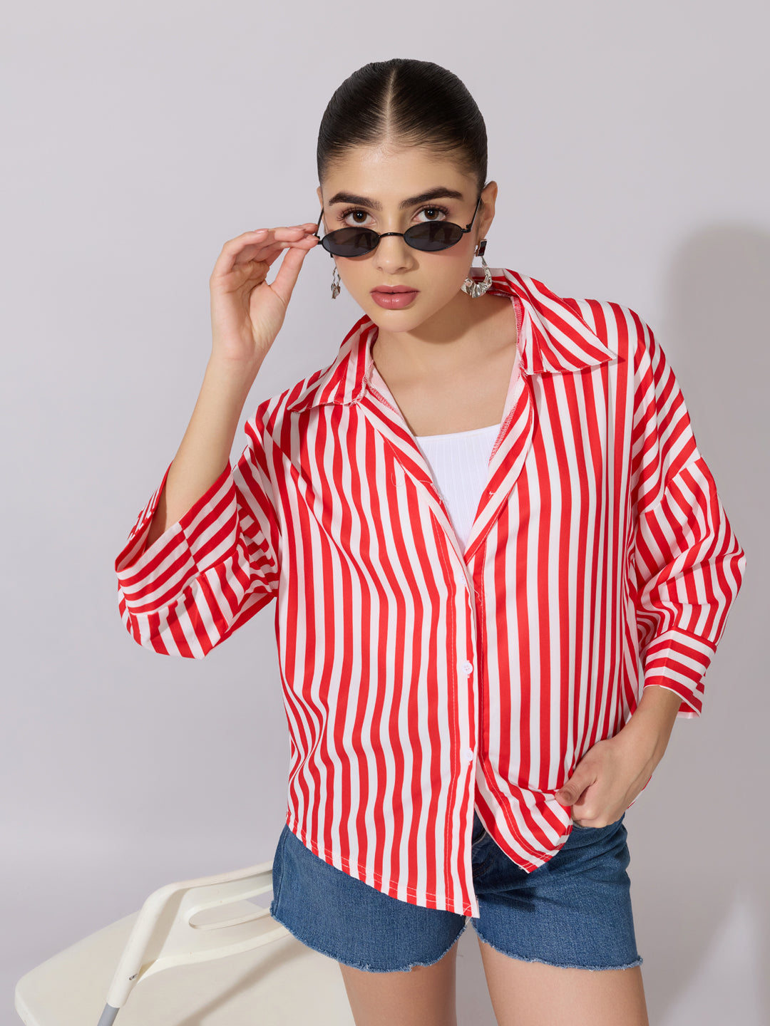 Women's Striped Red Drop Down Sleeve Shirt