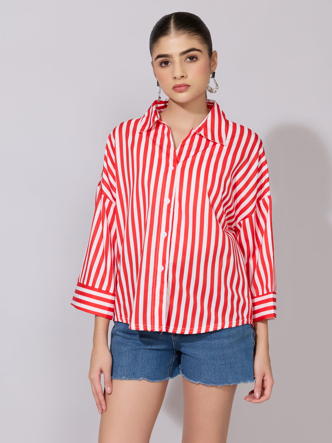 Women's Striped Red Drop Down Sleeve Shirt