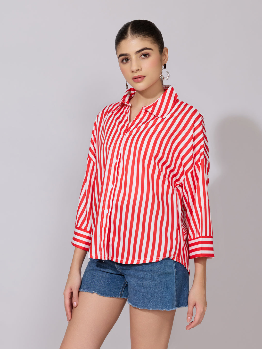 Women's Striped Red Drop Down Sleeve Shirt