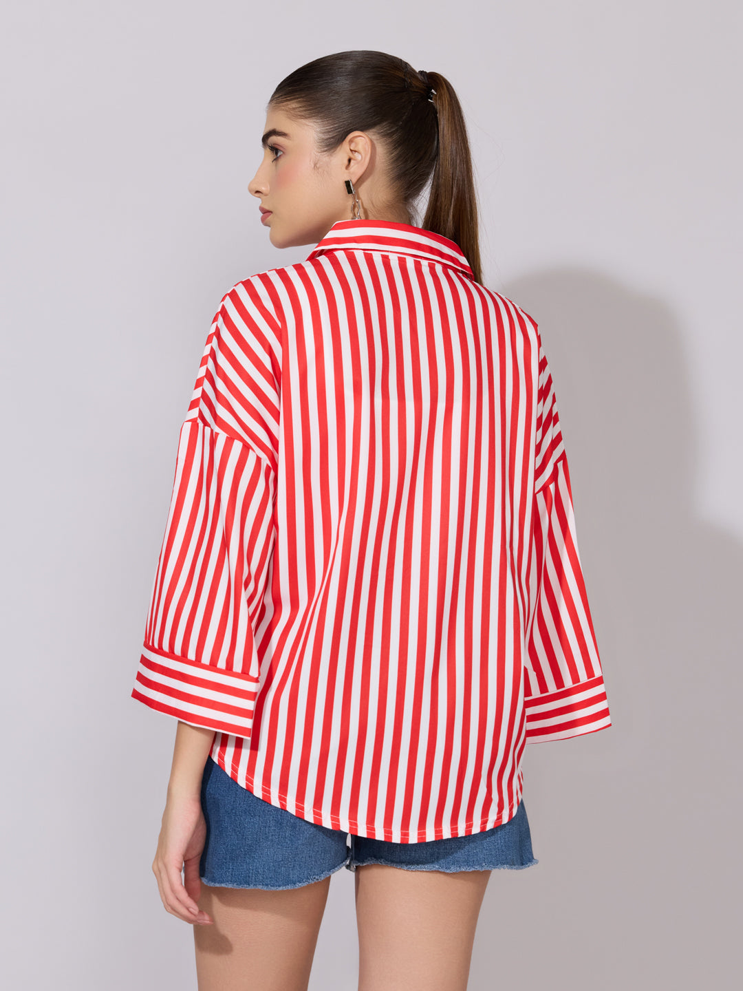 Women's Striped Red Drop Down Sleeve Shirt