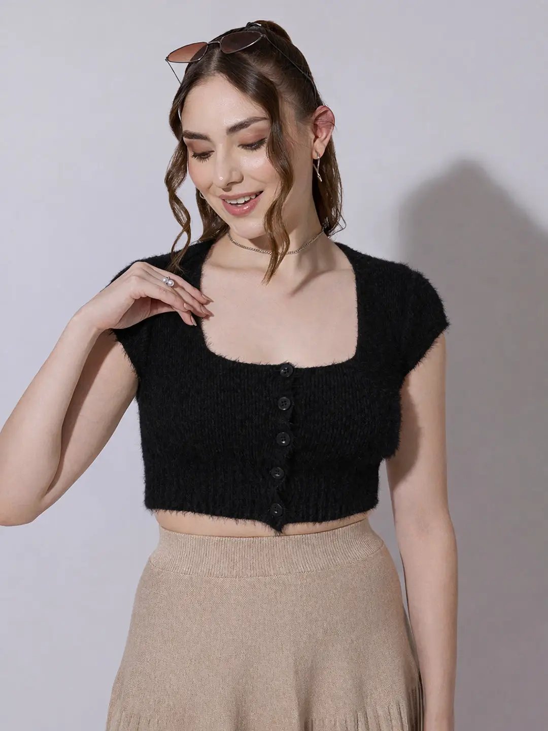 Women's Knitted Black Fuzzy Buttoned Crop Top - Uncategorized from SHOWOFFFF