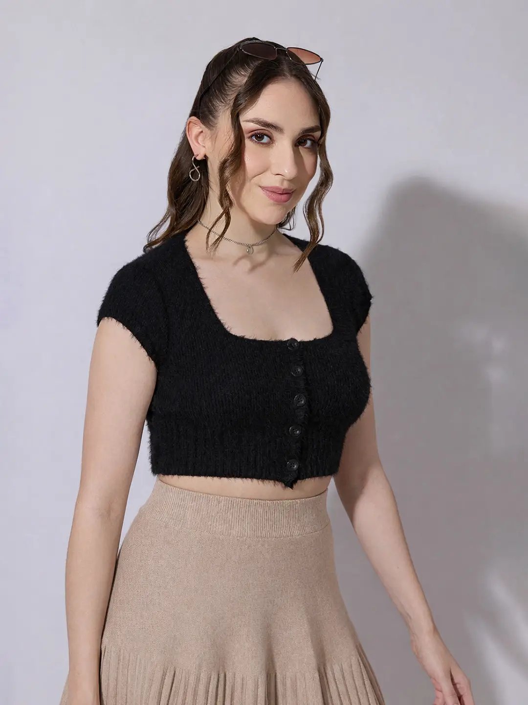 Women's Knitted Black Fuzzy Buttoned Crop Top - Uncategorized from SHOWOFFFF