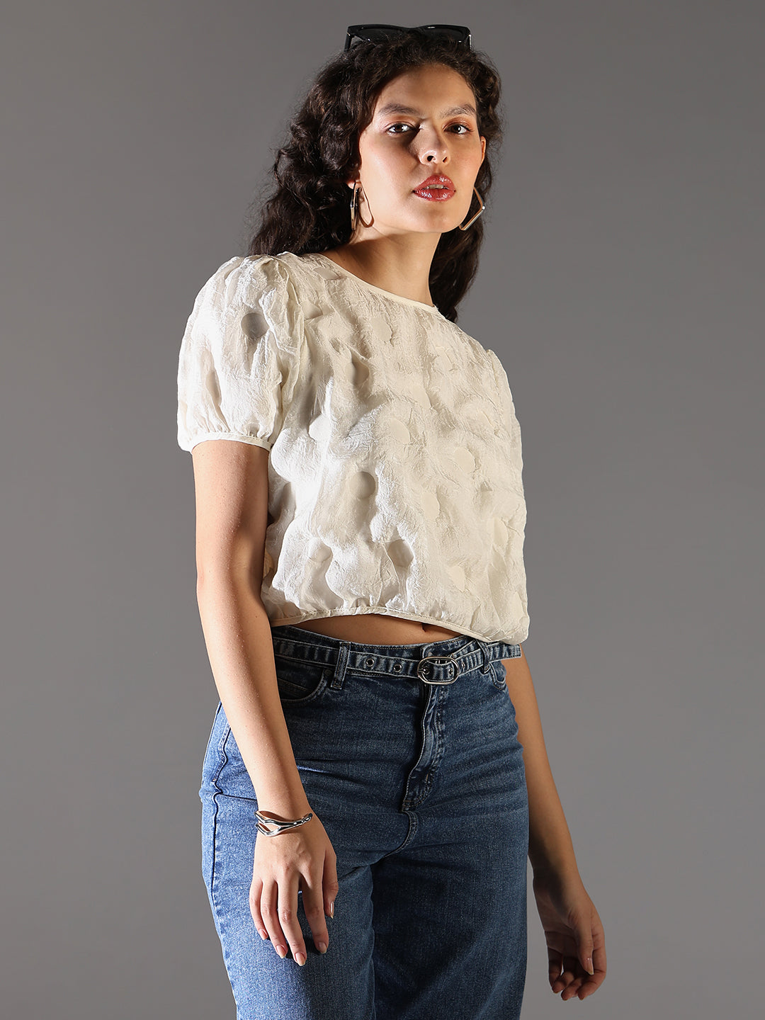 Women Cream Solid Crop Top