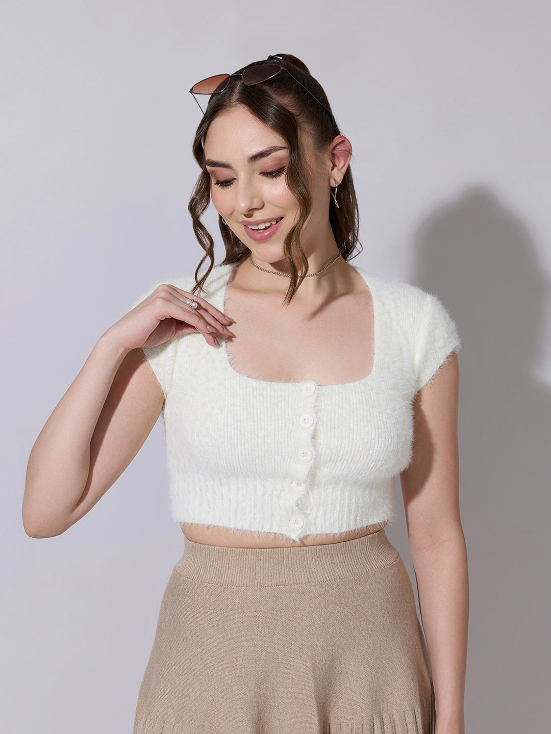 Women's Knitted Off White Fuzzy Buttoned Crop Top