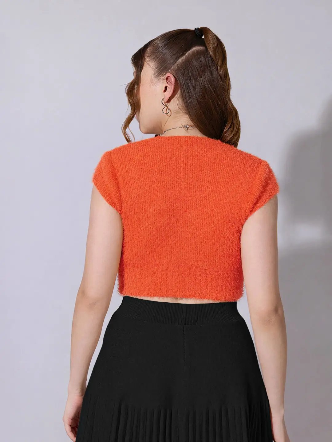 Women's Knitted Orange Fuzzy Buttoned Crop Top - from SHOWOFFFF