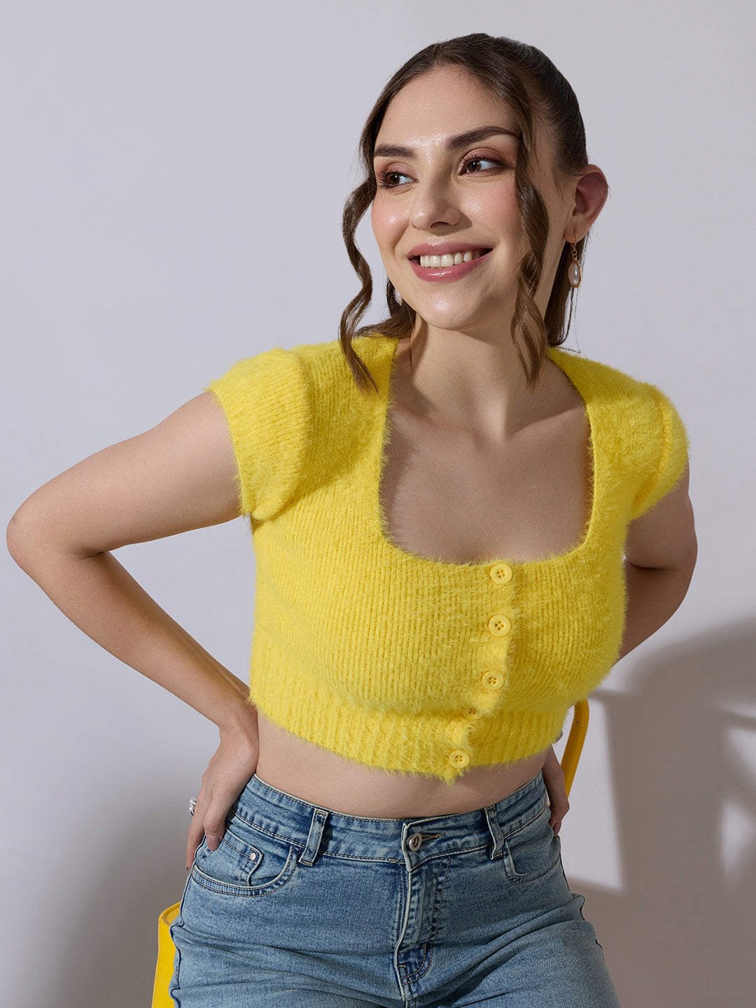 Women's Knitted Yellow Fuzzy Buttoned Crop Top
