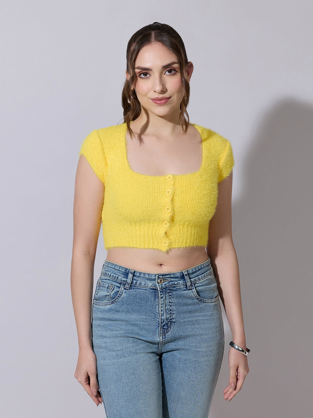 Women's Knitted Yellow Fuzzy Buttoned Crop Top