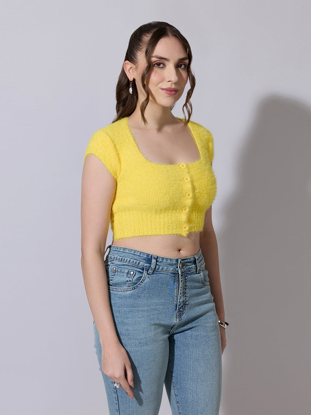 Women's Knitted Yellow Fuzzy Buttoned Crop Top