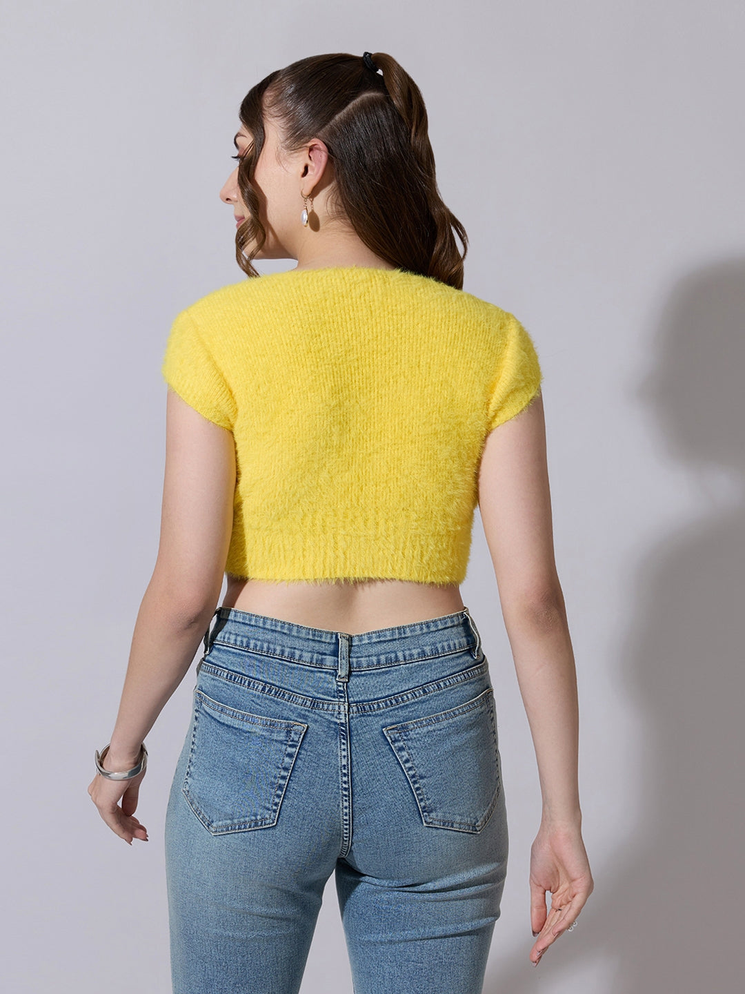 Women's Knitted Yellow Fuzzy Buttoned Crop Top