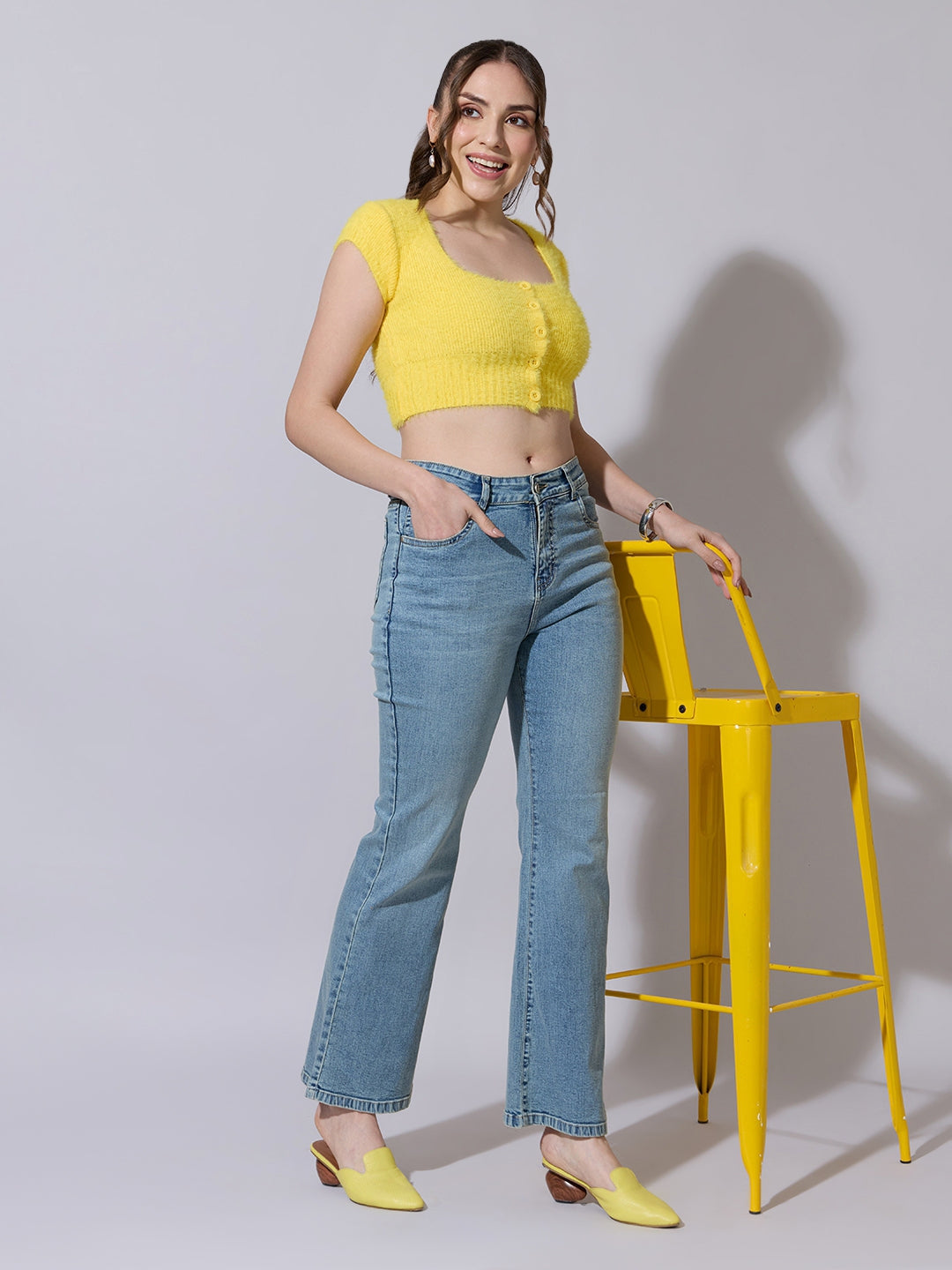 Women's Knitted Yellow Fuzzy Buttoned Crop Top