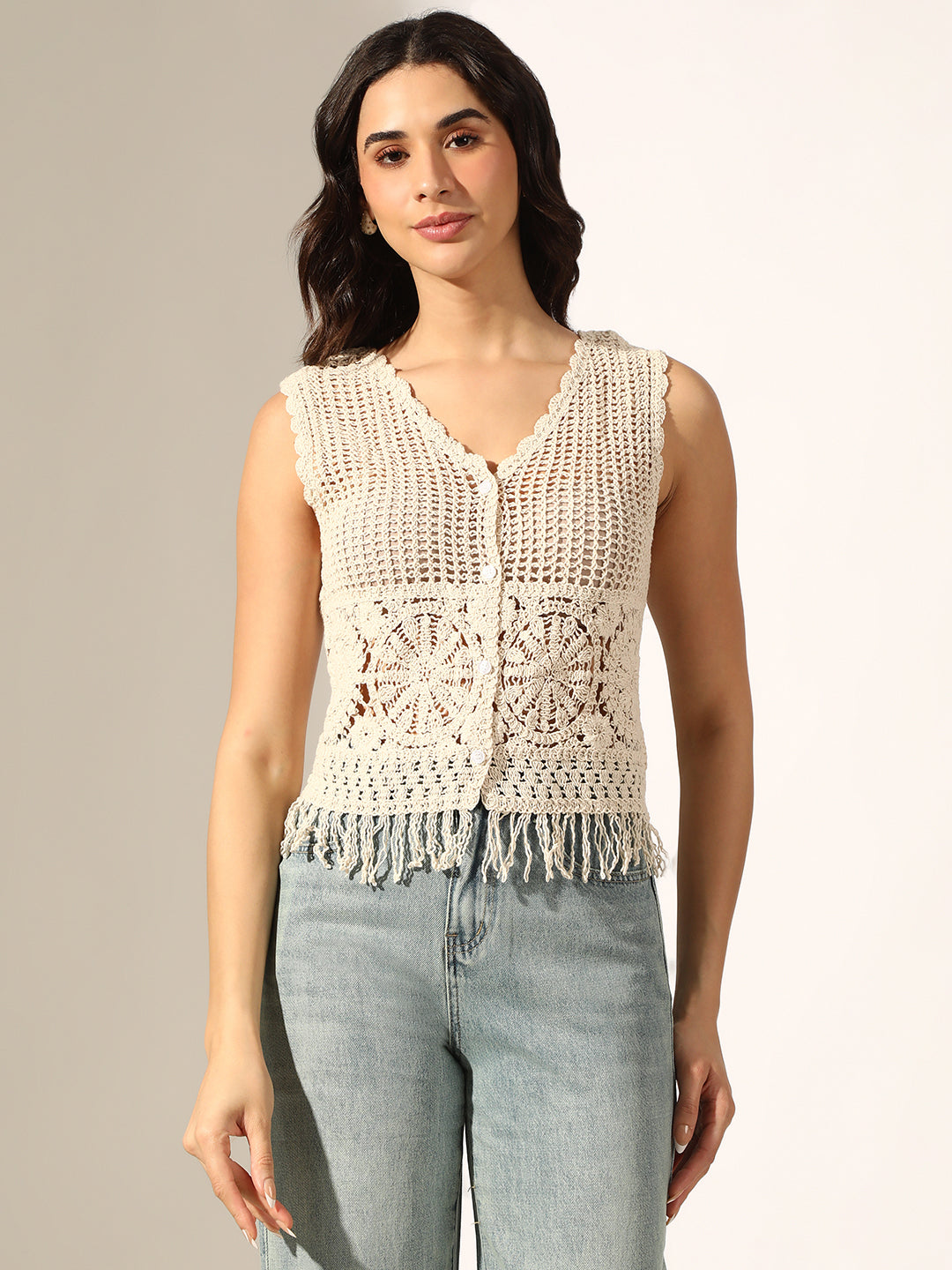 Women's Cream Crochet Sleeveless Button Up Top with Fringed Hem