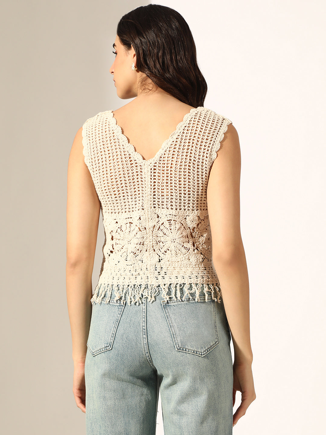 Women's Cream Crochet Sleeveless Button Up Top with Fringed Hem