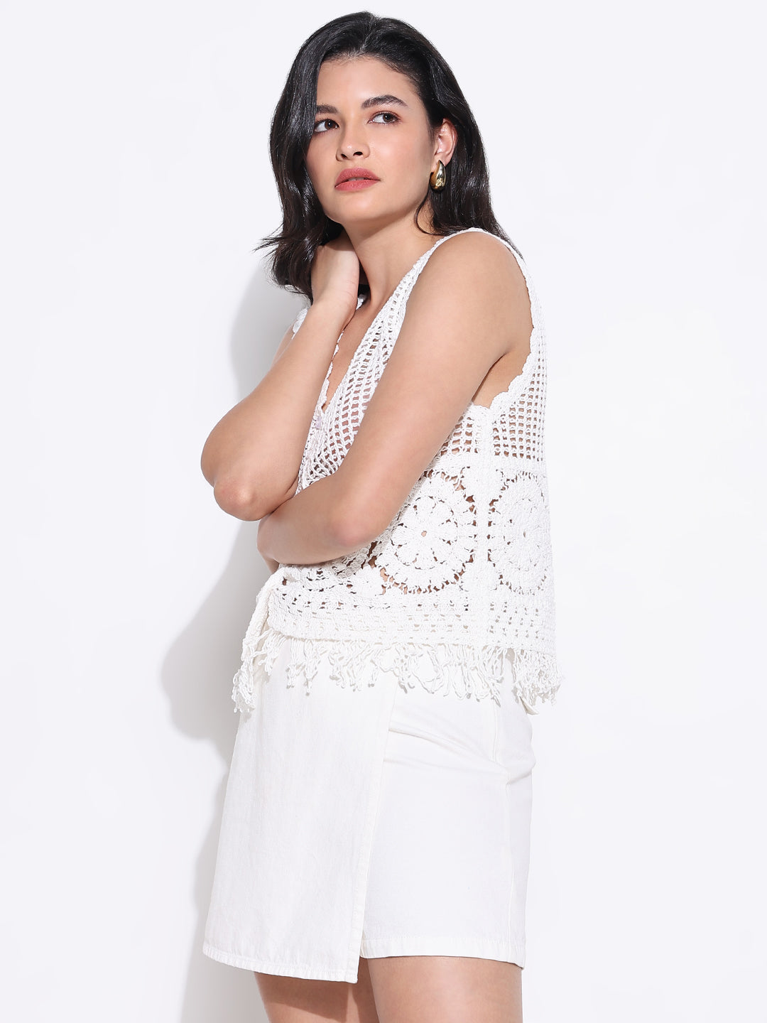 Women White Solid Crochet Top