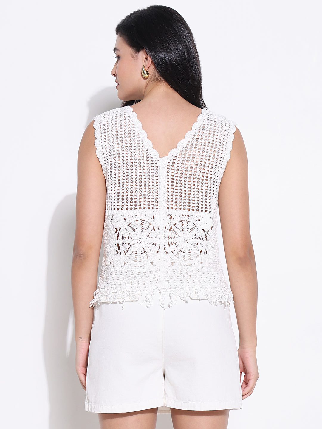 Women White Solid Crochet Top